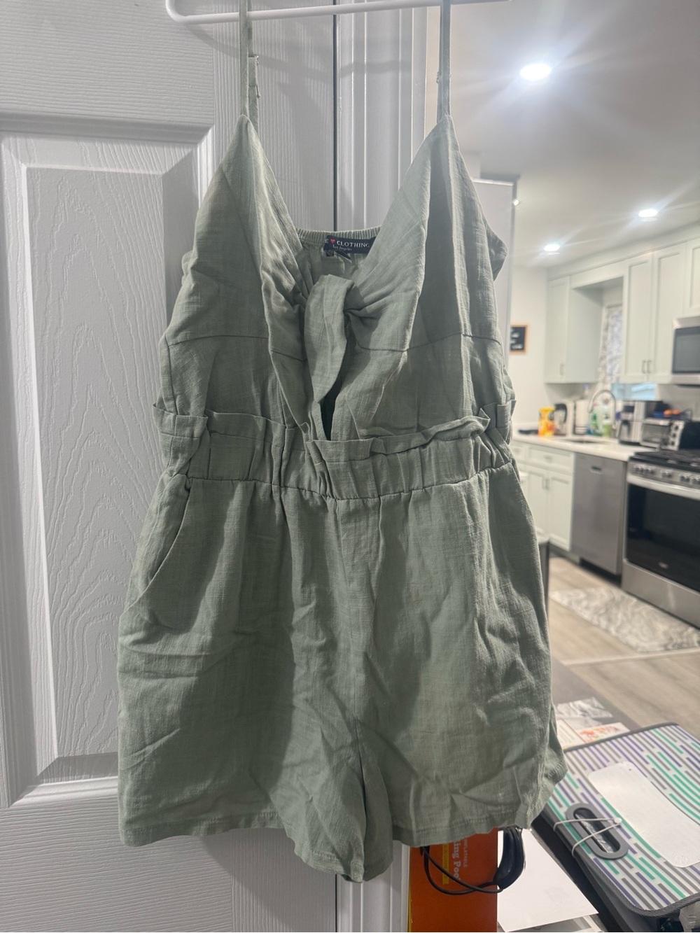 Light Sage Green Linen-Blend Girls' Romper with Front Tie